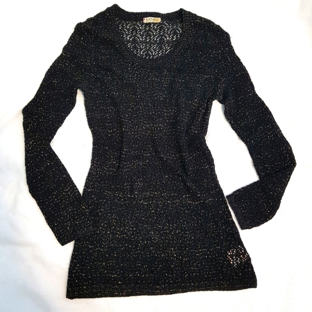 Buffalo Black Gold Sparkle Knit crochet long sweater dress